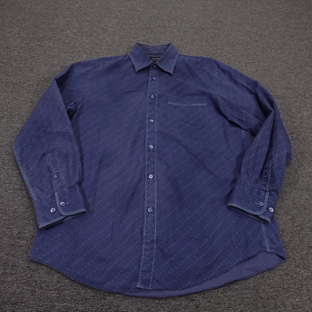 Indigo Palms Shirt Mens Medium Blue Geometric Long Sleeve Button Up Casual Woven